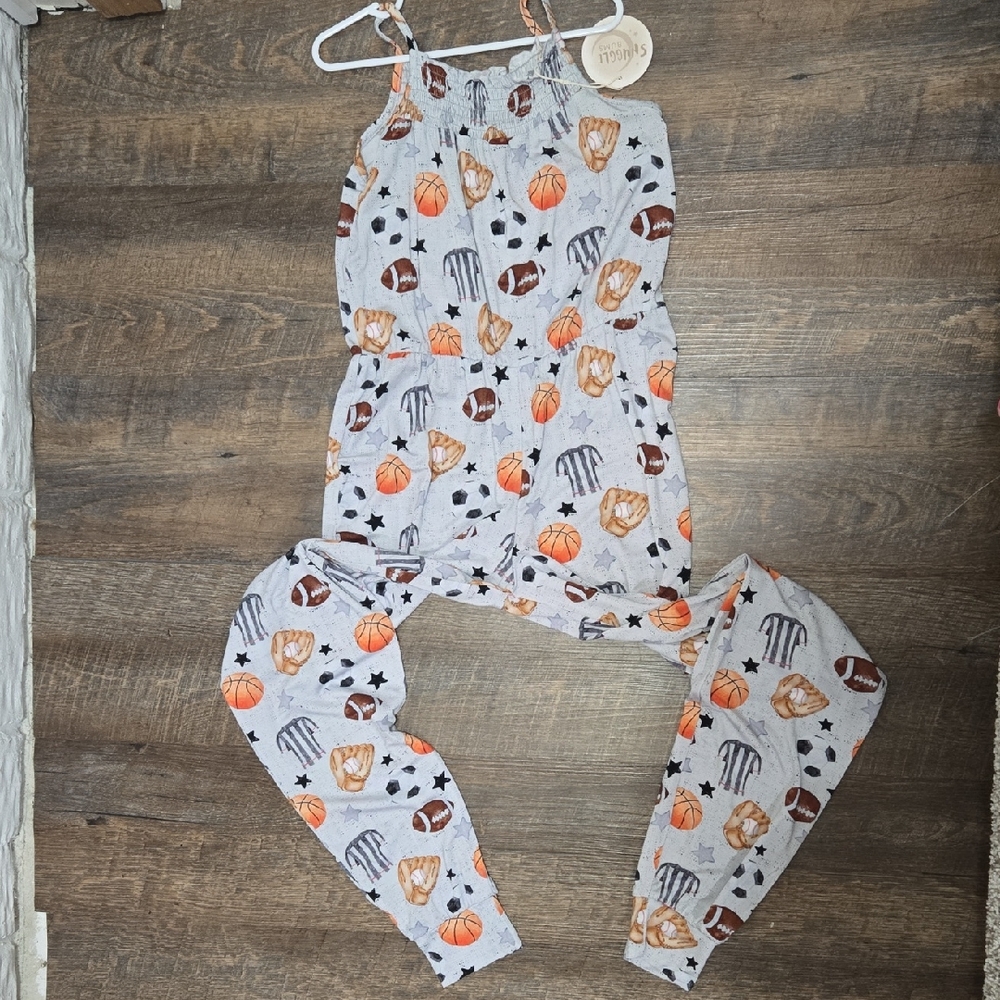 9/10 Bamboo Girls Sports-Print One-Piece Romper - Gray with Orange Accents